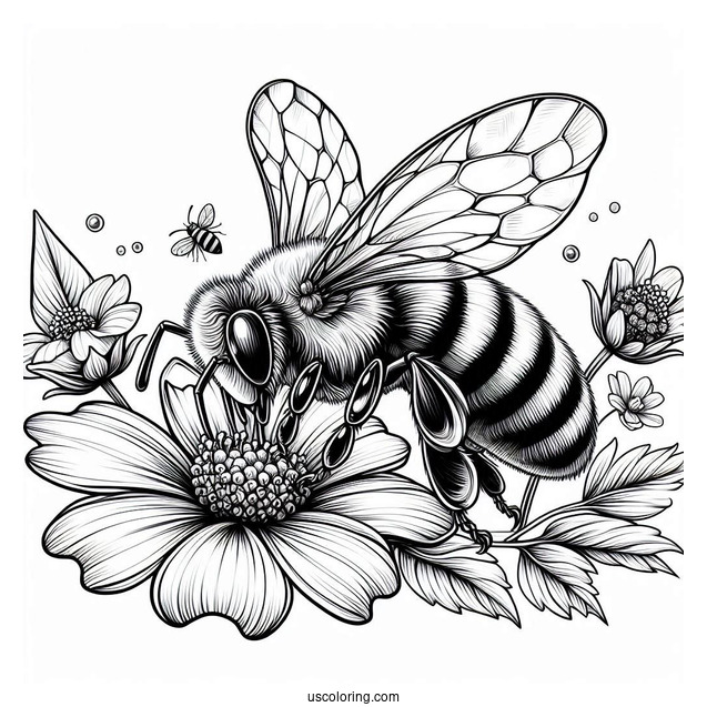 Realistic Bee Coloring Page Sucking Flower Nectar