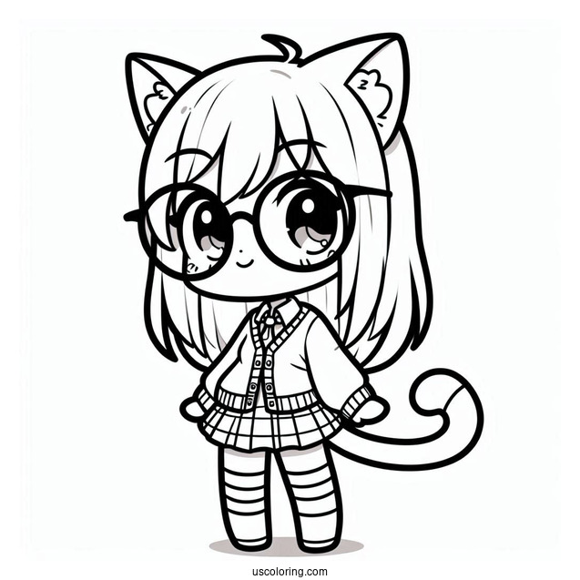 Chibi Nerdy Cat Girl Coloring Sheet For Kids