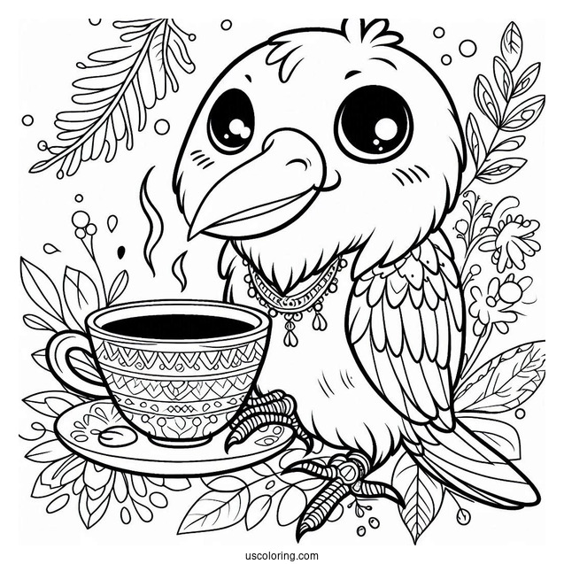 Happy Raven Coloring Page Drinking Coffee For Kids