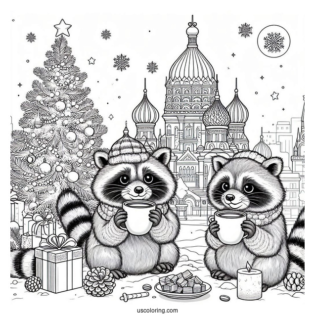 Christmas Coloring Pages For Adults Of Cartoon Racoons Sharing Hot Beverage In Front Of Christmas Tree And Cathedral