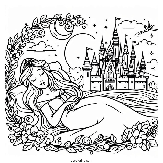 Coloring Page Of Sleeping Beauty With Castle In Background