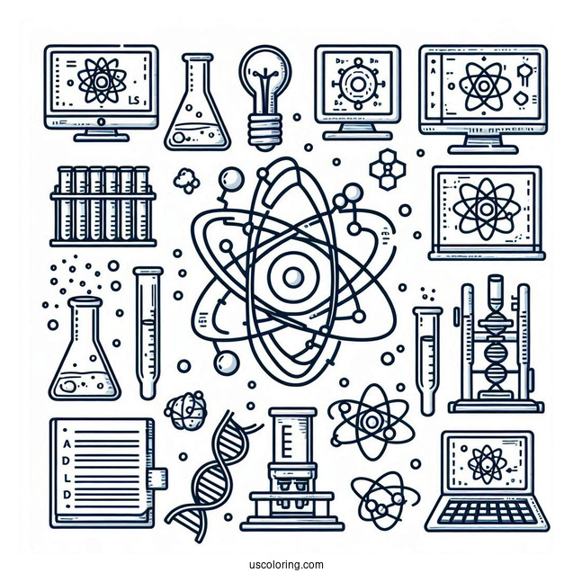 Science Coloring Page Of Full Page Scientific Symbols Atom, Beakers, Test Tubes, Computers, And DNA
