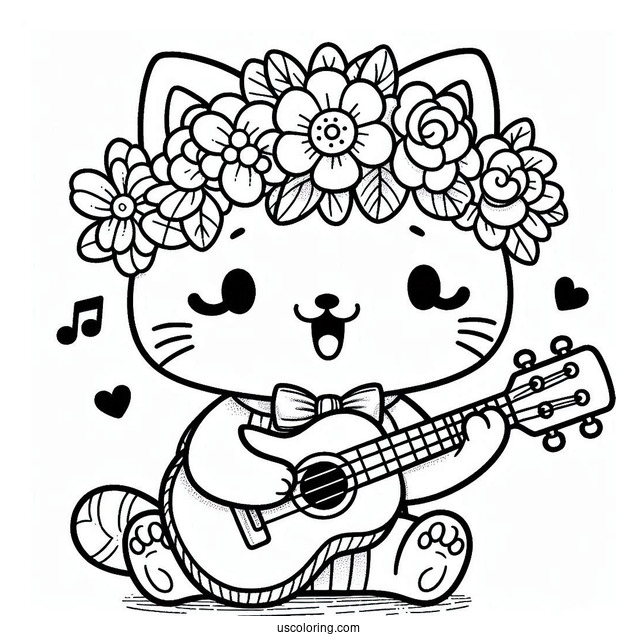 Kawaii Cat With A Flower Crown Playing The Ukelele