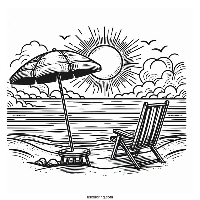 Beach Coloring Page Chair And Umbrella Facing The Sea