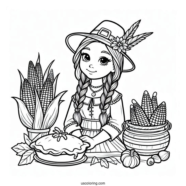 Female Pilgrim Coloring Page With A Pie And Native American With Corns