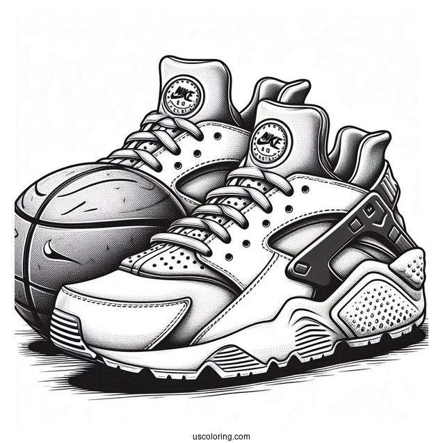 Pair Of Nike Coloring Page Of Air Huarache With Basketballs