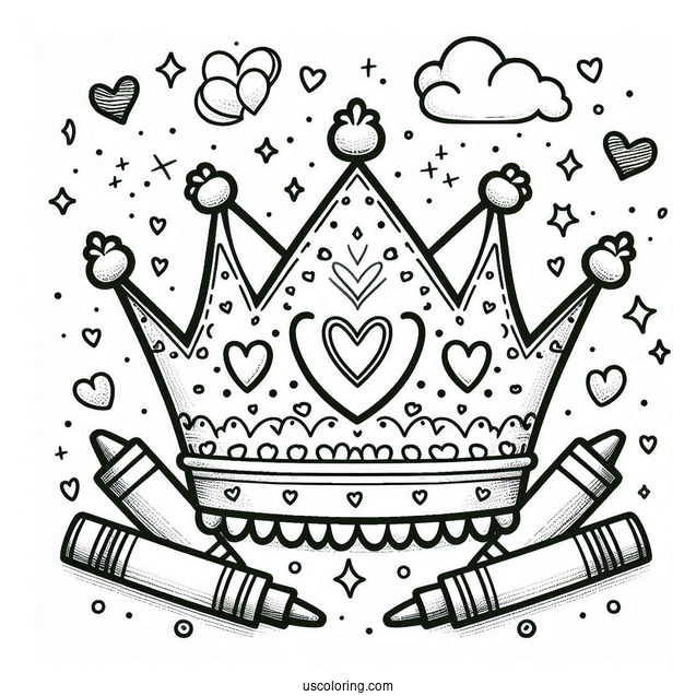 Cute DIY Crown Coloring Page with Hearts, Crayons, and Stars For Kids
