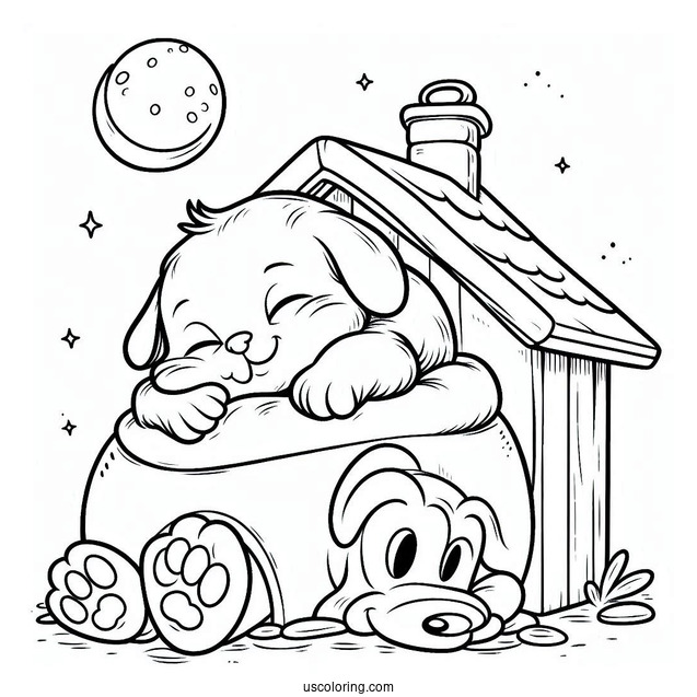 Cat Sleeping On Top Of Pluto Coloring Page In Dog House