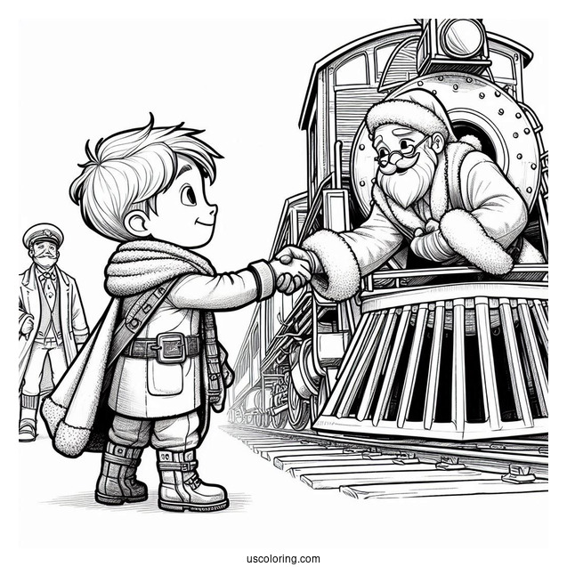 Polar Express Coloring Page Of Hero Boy Shaking Hands With Santa Claus