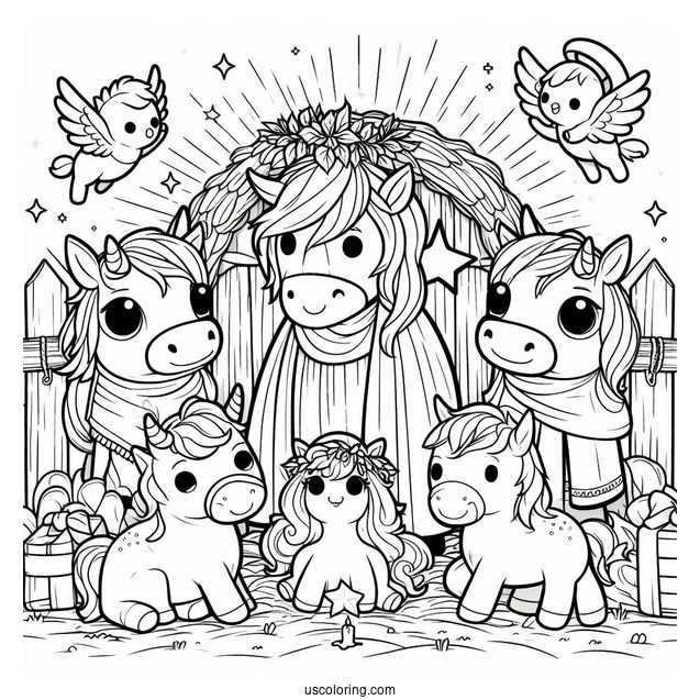 Nativity Coloring Page With Cow And Pony Surrounding Jesus