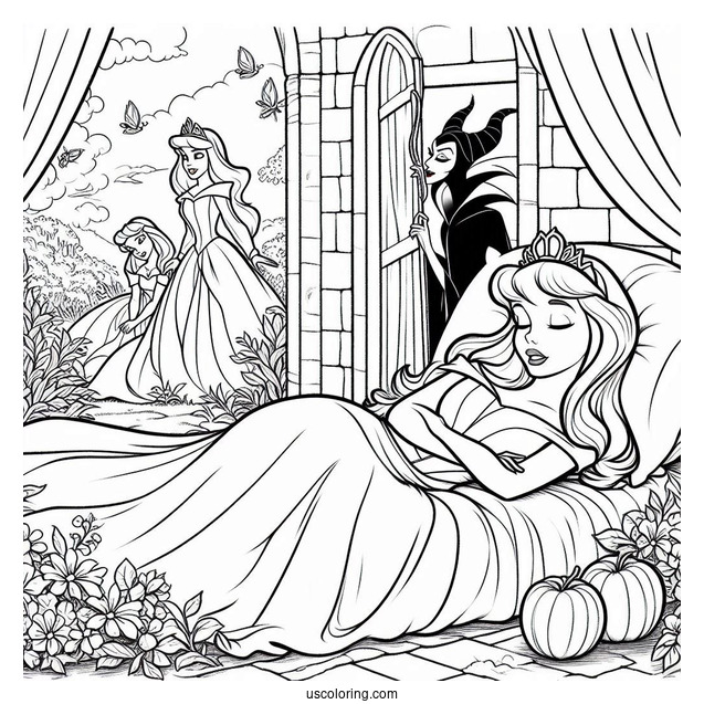 Sleeping Beauty Coloring Page Of Princess Aurora Deep Asleep Outside The Castle With Maleficent And The Fairies Watching