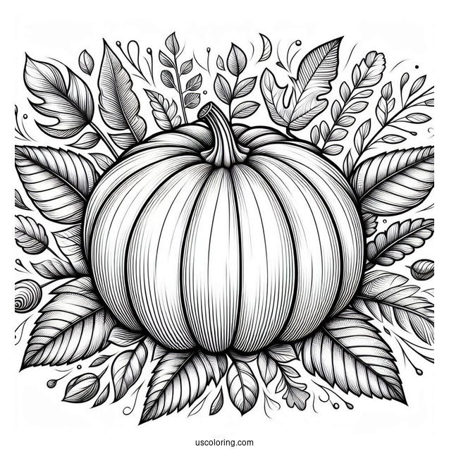 Full Page Realistic Pumpkin Coloring Page With Leaves