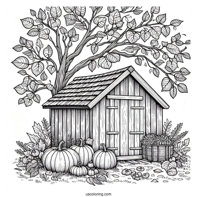 Wooden Shed Covered In Leaves And Filled With Pumpkin Coloring Page