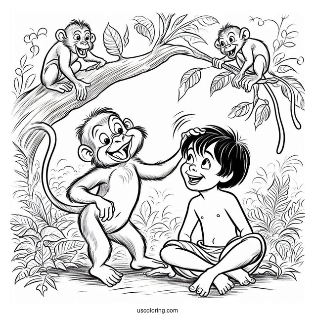 Jungle Book Coloring Page Of Monkeys Teasing Mowgli
