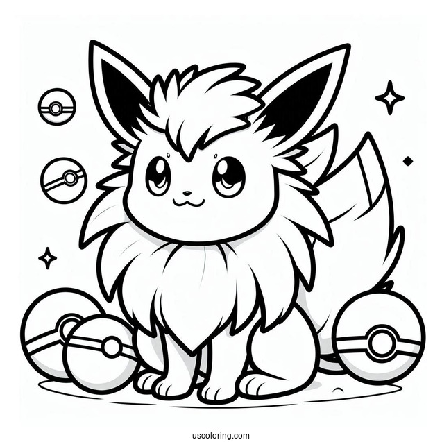 Cute Jolteon Coloring Page With Pokeballs In Background For Kids