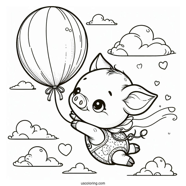 Piglet Coloring Page In The Air Clinging To A Balloon