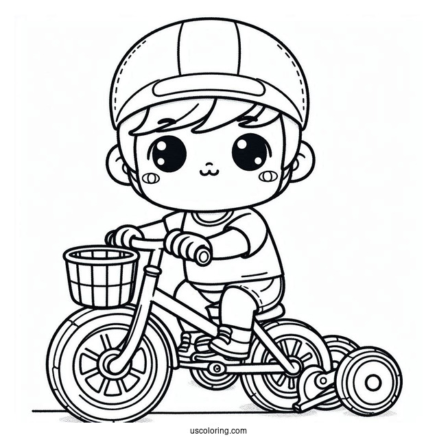 Kawaii Little Boy Riding Bicycle Coloring Page With Training Wheels For Preschoolers