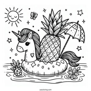 Summer Coloring Page Of Cheerful Pineapple On A Unicorn Floatie