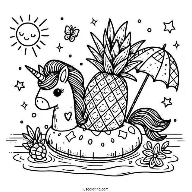 Summer Coloring Page Of Cheerful Pineapple On A Unicorn Floatie