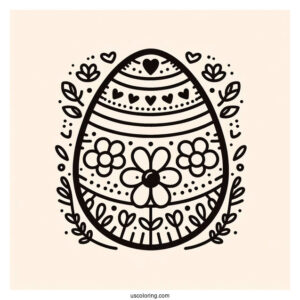 Easter Egg Coloring Page with Flower, Stripe, and Heart Patterns For Preschoolers