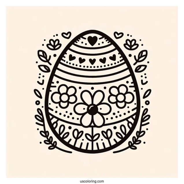 Easter Egg Coloring Page with Flower, Stripe, and Heart Patterns For Preschoolers