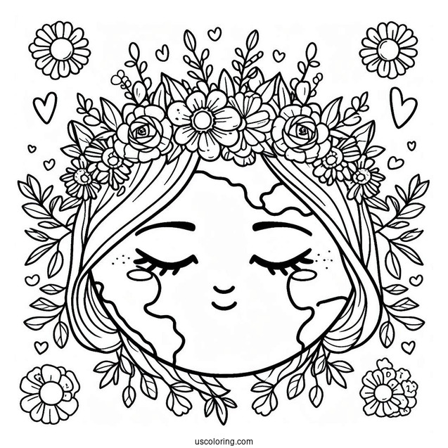 Earth Wearing Flower Crown Coloring Page For Kids