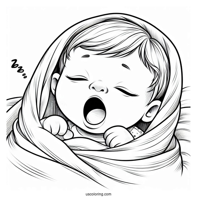 Realistic Baby Coloring Page Yawning Under The Blanket