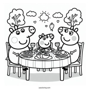 Peppa Pig Family Eating Dinner At Table Coloring