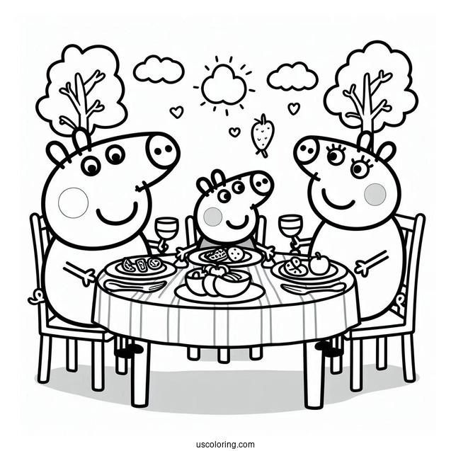 Peppa Pig Family Eating Dinner At Table Coloring