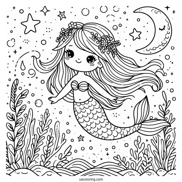 Cute Coloring Page Mermaid Swimming In The Night Sky