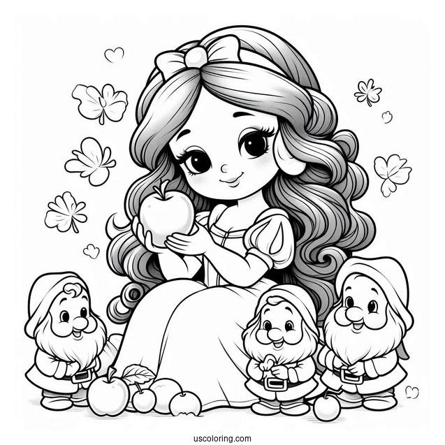 Coloring Page Of Show White Holding Apple With Dwarfs