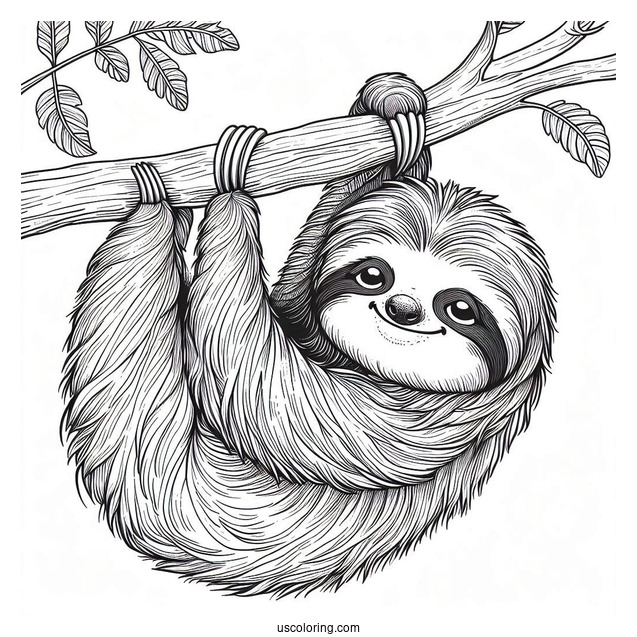 Smiling Sloth Hanging From Tree Branch To Color