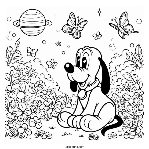 Pluto Coloring Page Sitting In Garden With Butterflies And Birds
