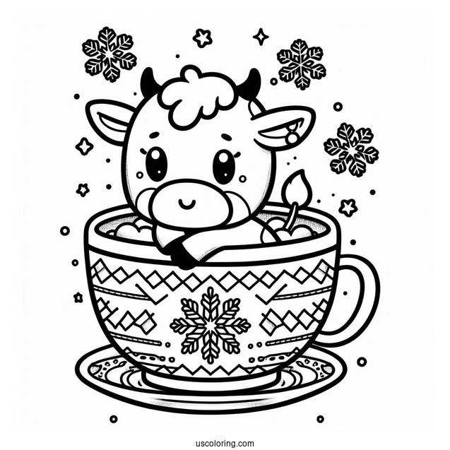 Cute Cow In A Teacup With Snowflake Design