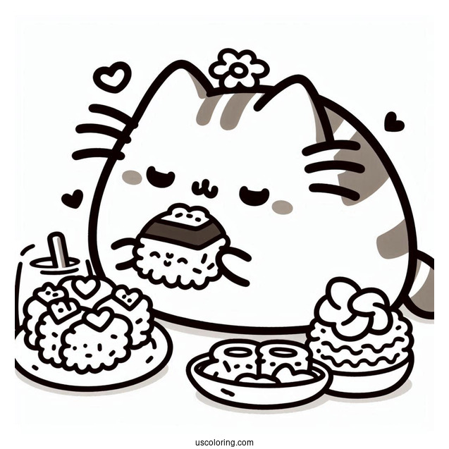 Kawaii Pusheen Eating Sushi Coloring Page