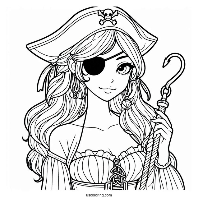 Female Pirate Coloring Page With Eyepatch, Sword, And Hook