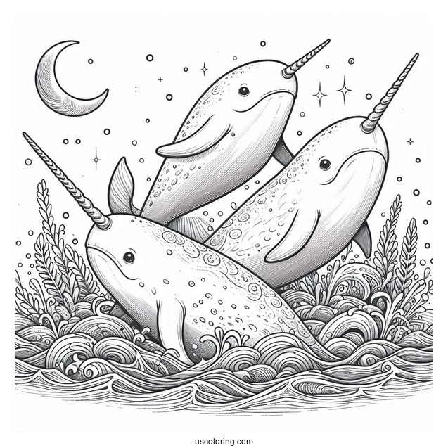 Three Realistic Narwhal Coloring Page Whales Emerging From Water