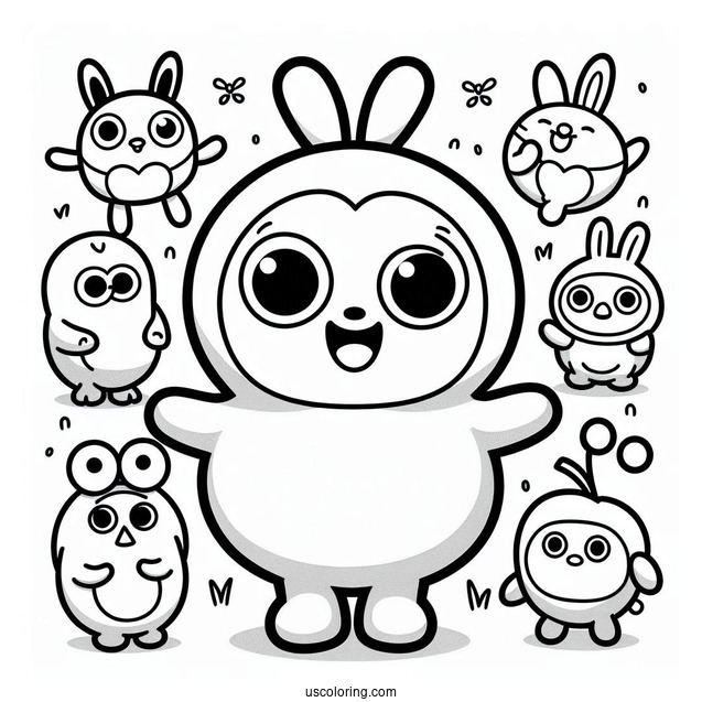 Pororo Coloring Page Surrounded By Poby, Harry, Rody, Eddy, Loopy, Petty, Crong, And Tongtong For Kids