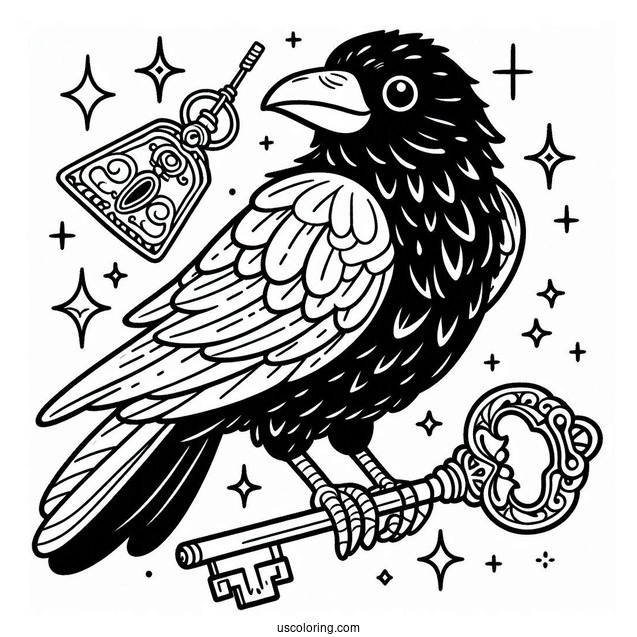 Easy Raven Coloring Page Carrying A Shiny Key For Kids