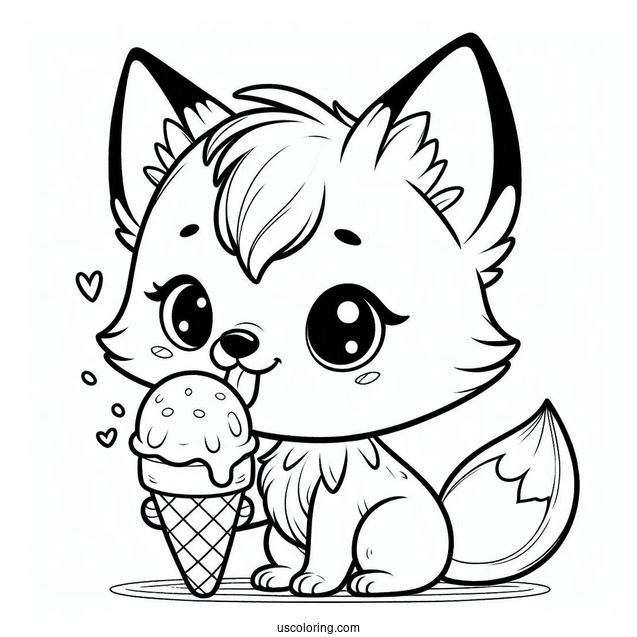 Baby Fox Coloring Page Licking An Ice Cream For Preschoolers