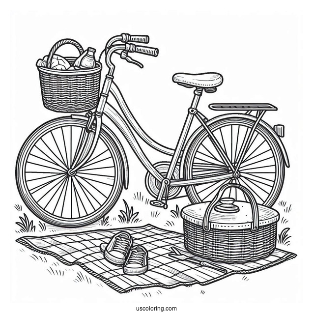 Adult Bicycle Coloring Page Parked Beside Picnic Mat