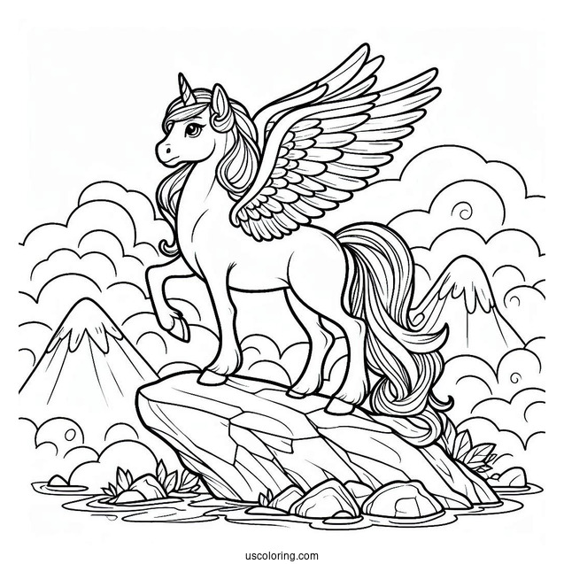 Pegasus Coloring Page Standing On A Rock