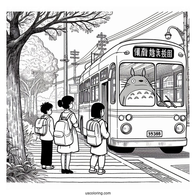 Studio Ghibli Coloring Page of Iconic My Neighbor Totoro At Bus Stop Poster