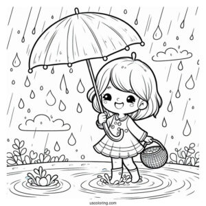 Child Playing In The Rain Coloring Page