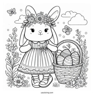 Beautiful Easter Coloring Page Of Bunny In A Dress With A Basket Full Of Eggs
