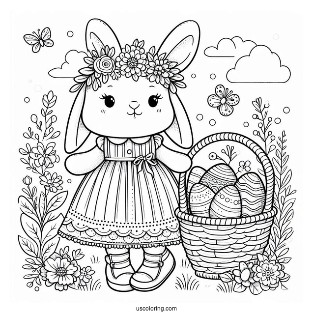 Beautiful Easter Coloring Page Of Bunny In A Dress With A Basket Full Of Eggs