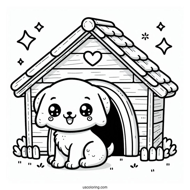 Kawaii Puppy In Dog House Coloring In For Preschoolers