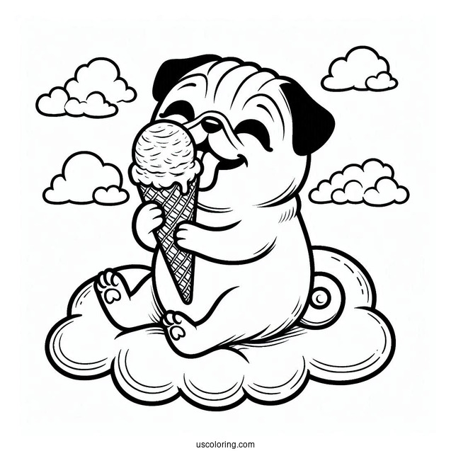 Pug Coloring Page Enjoying Ice Cream Cone In The Clouds for Kids