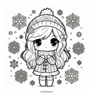 Chibi Girl In Winter Clothes Surrounded By Snowflake Coloring Page