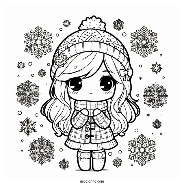 Chibi Girl In Winter Clothes Surrounded By Snowflake Coloring Page